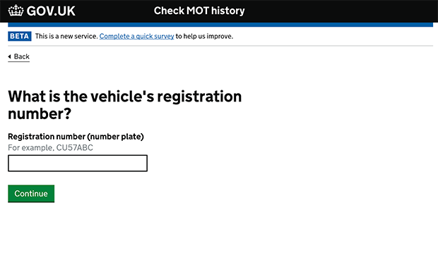 DVLA MOT Check process, Entering vehicle registration