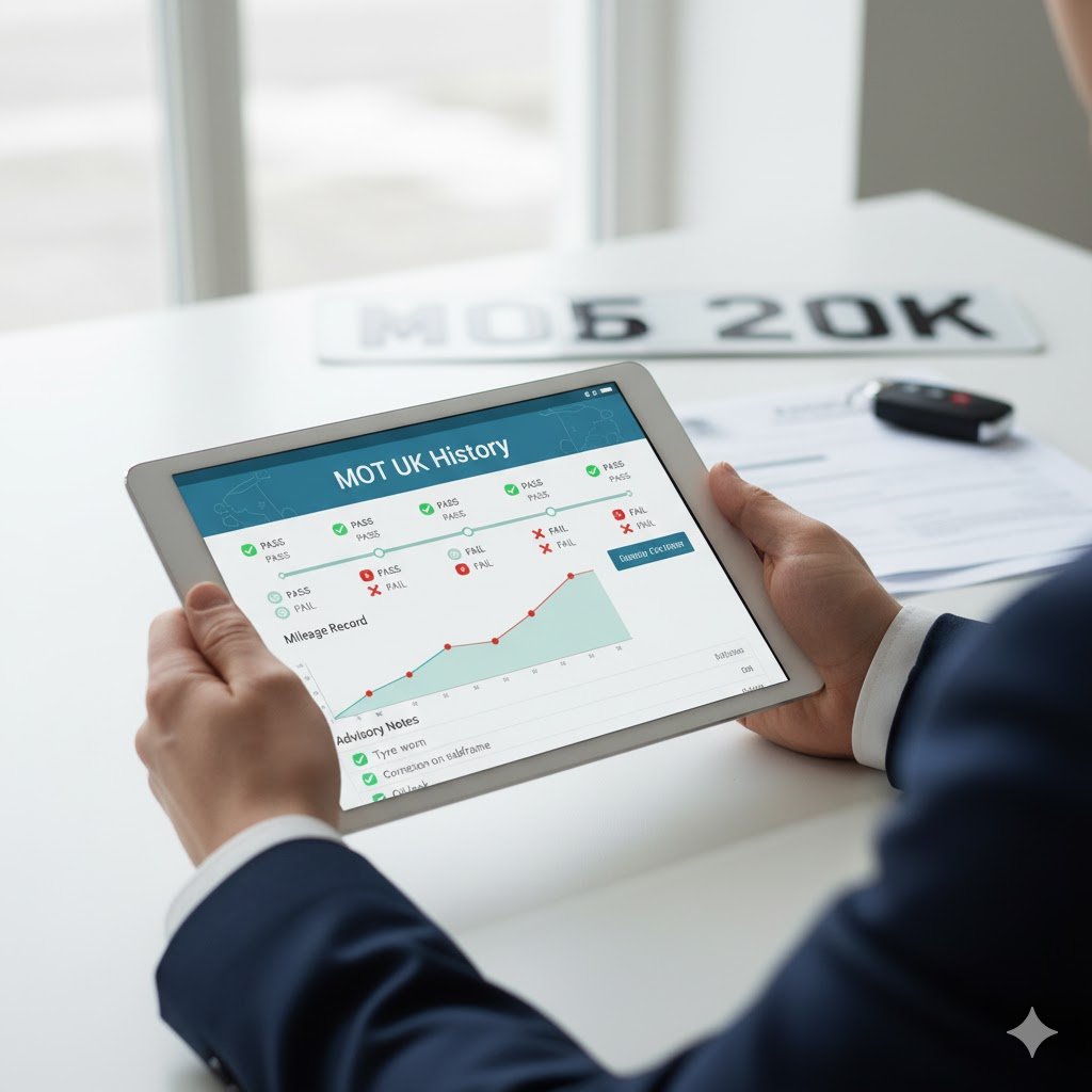 Full MOT History check results showing advisory notes and mileage history.