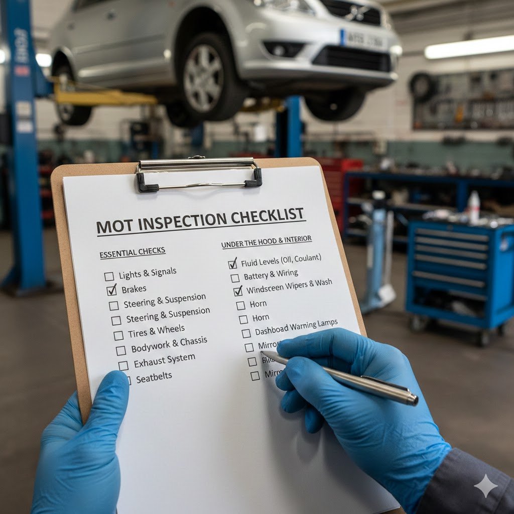 Mechanic reviewing an MOT Inspection Checklist during car MOT test