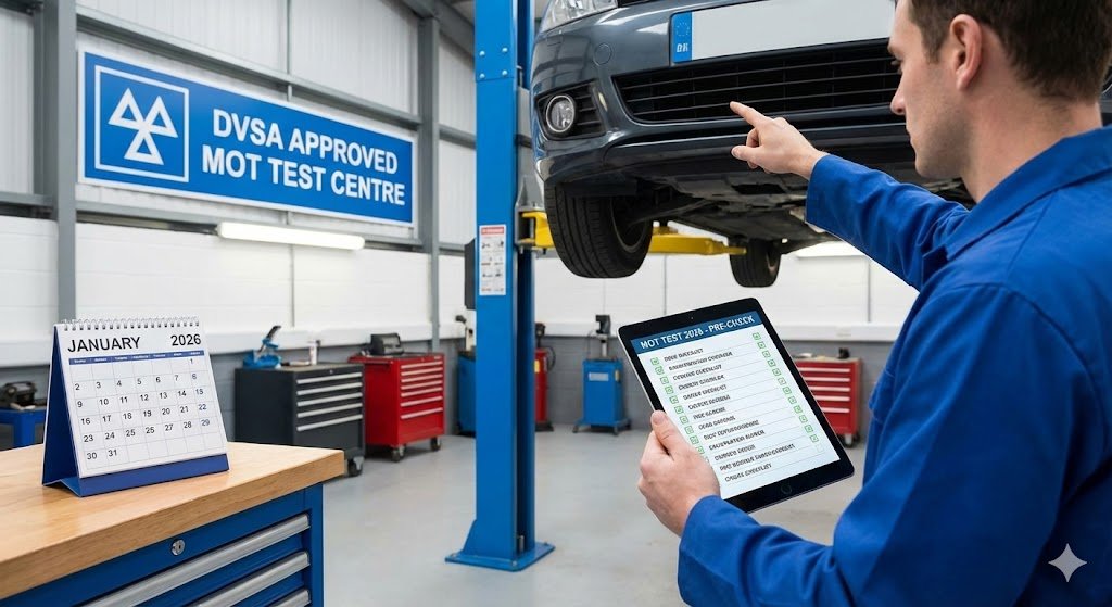 Mechanic performing a safety checks car inspection to prevent a MOT test failure.