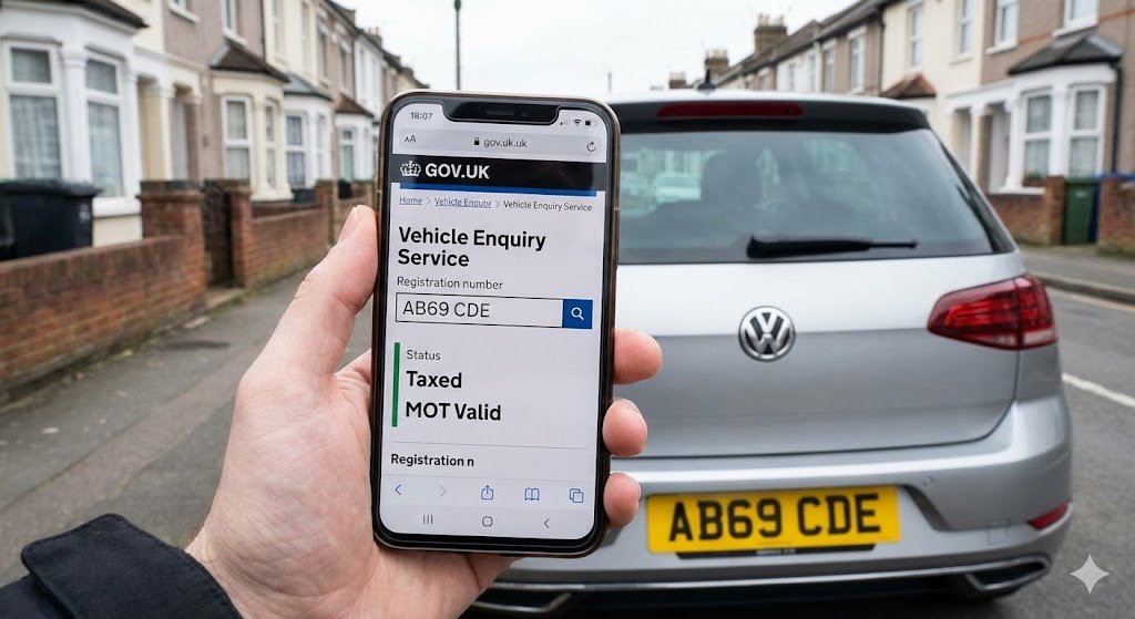 Smartphone displaying a Car Registration Check UK result from the DVLA database.