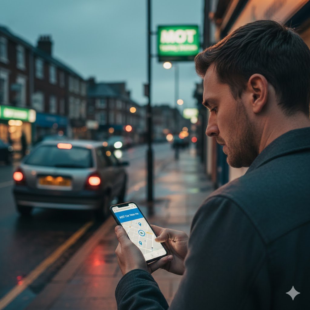 Smartphone displaying a map application with MOT car near me search results next to a car key.
