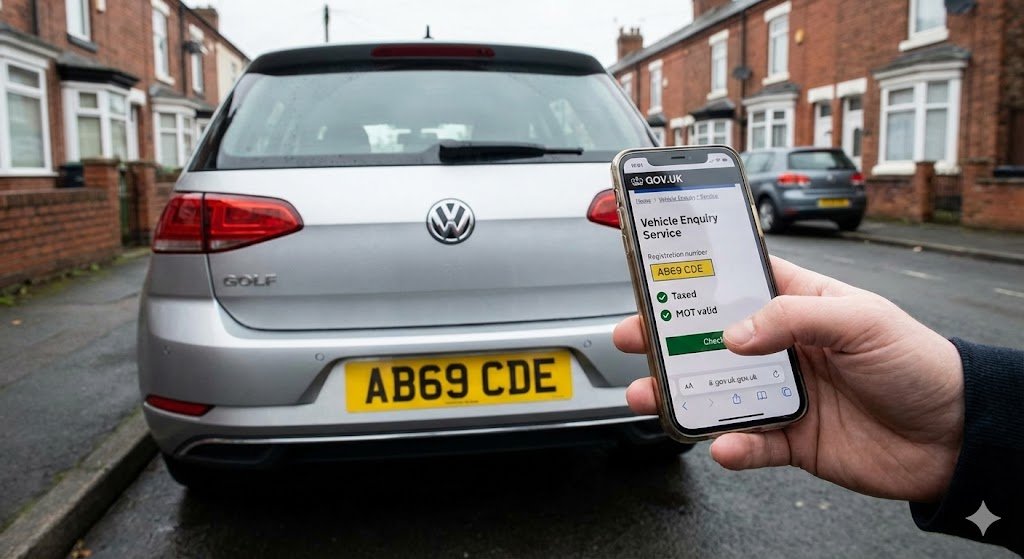 Person performing a UK Plate Check on a smartphone to verify registration.