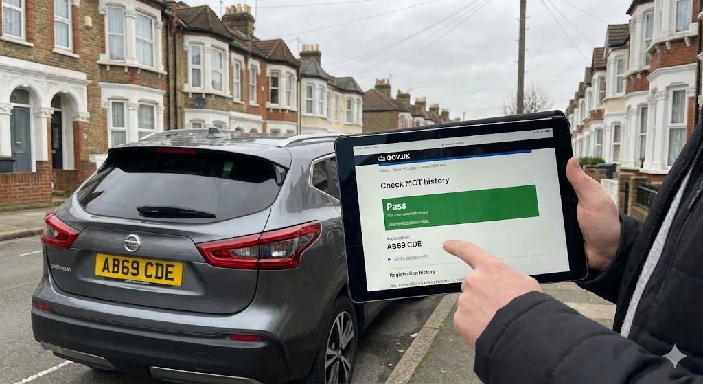 Person using a tablet to perform a Vehicle Car Check UK on a car.