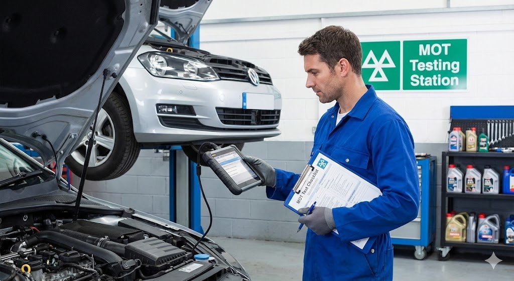 Professional mechanic performing a Car Service and MOT Check on a vehicle lift in a UK garage.