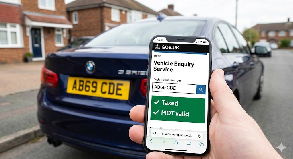Smartphone displaying the GOV.UK Car Reg Finder service results next to a UK vehicle registration plate.