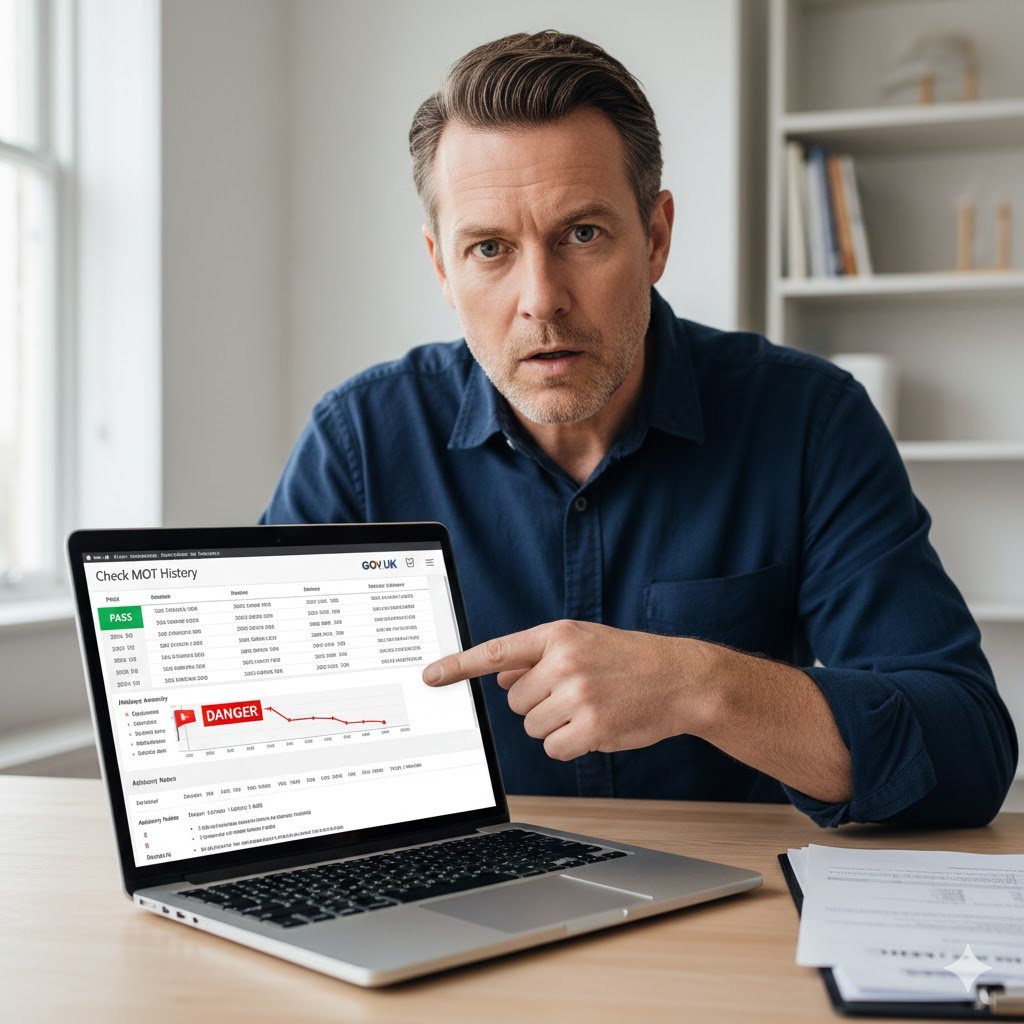 Laptop screen displaying a Vehicle MOT History UK timeline on the GOV.UK website.
