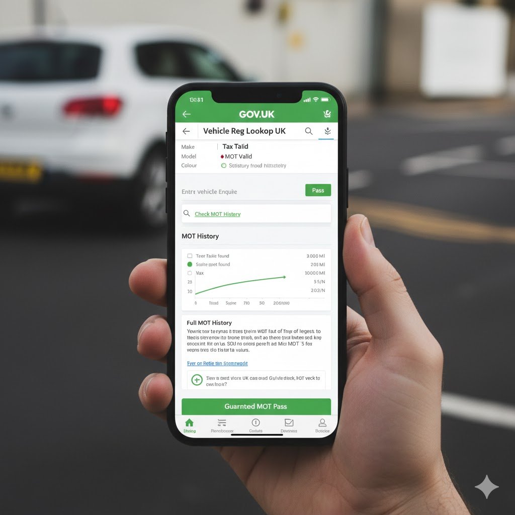 Smartphone displaying a GOV.UK Vehicle Reg Lookup UK showing MOT status and tax details.
