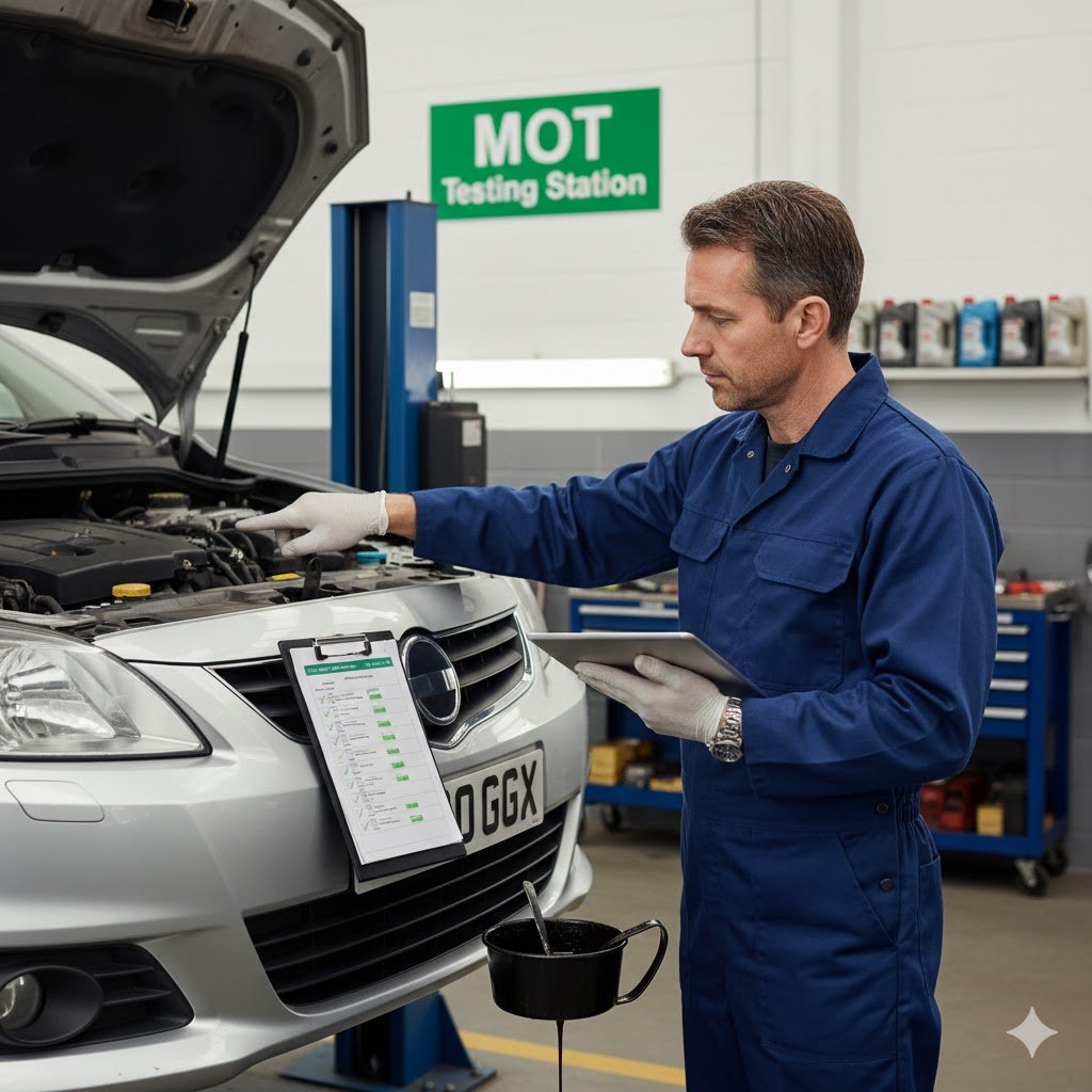 Mechanic performing a combined MOT and Service Your Car check in a UK garage.